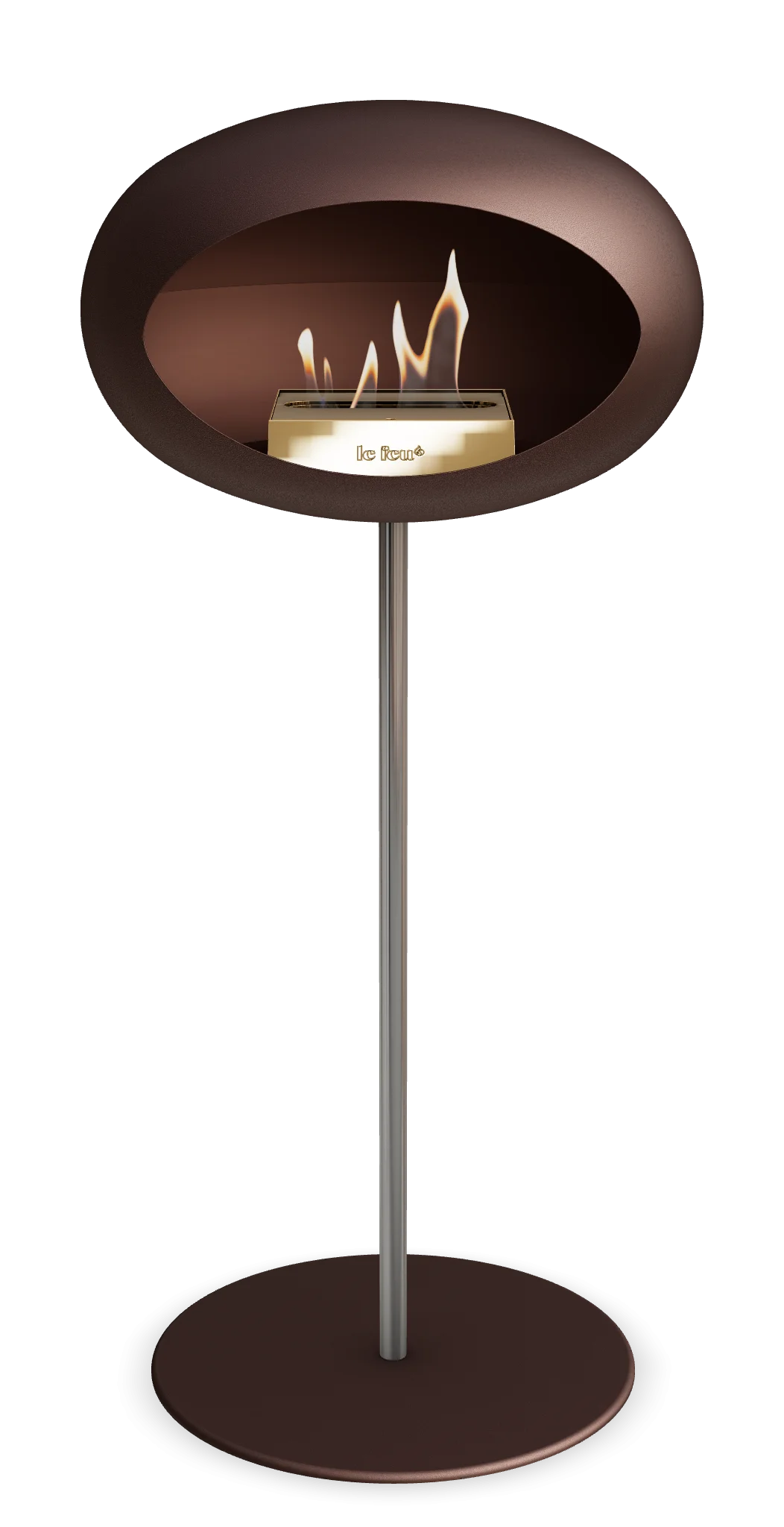 Freestanding Le Feu Dome Ground High Steel Bioethanol Fireplace in Mocca with modern design and cozy flames.