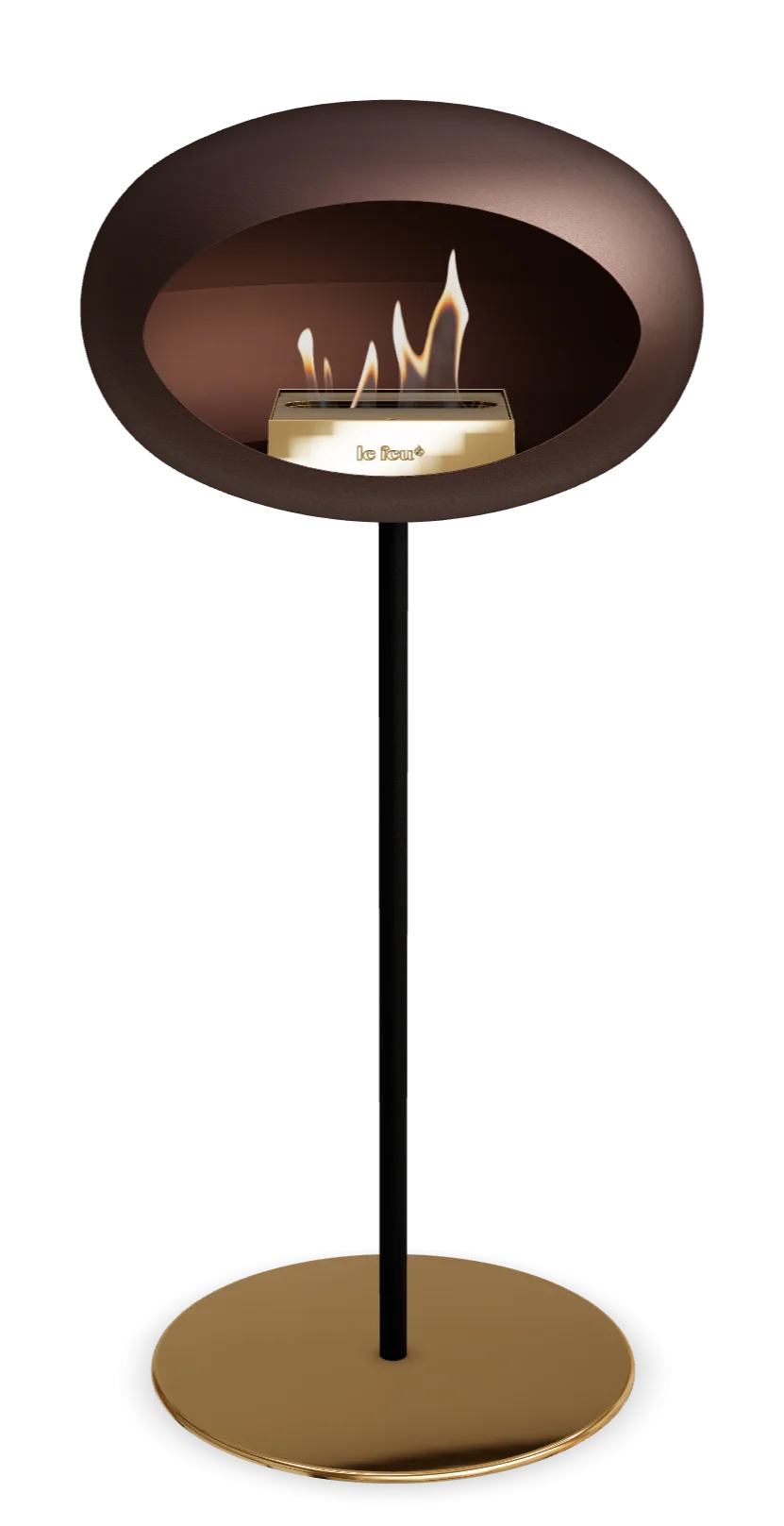 Freestanding Le Feu Dome Ground High Steel Bioethanol Fireplace in Mocca with elegant design and warm flames.