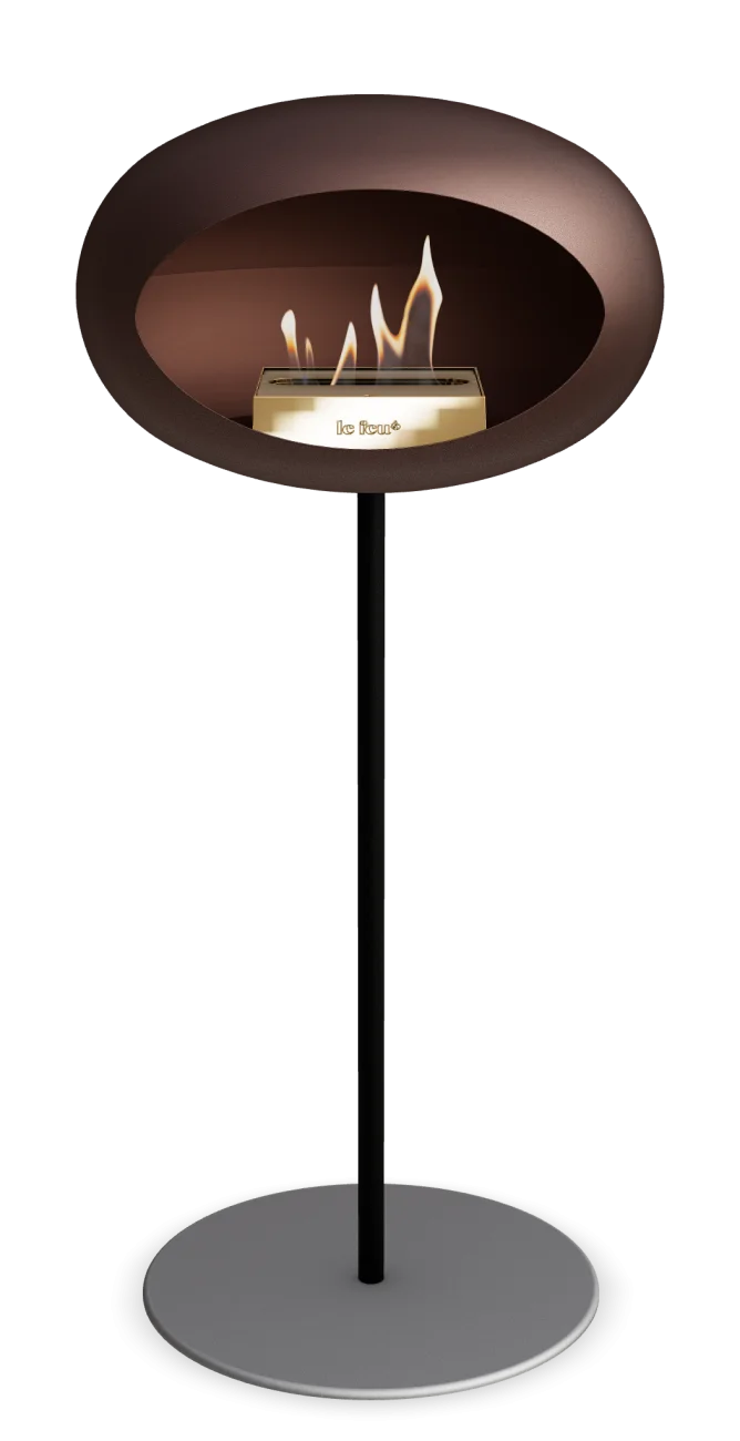 Freestanding Bioethanol Fireplace Le Feu Dome High Steel in Mocca color, showcasing modern design and elegant flames.