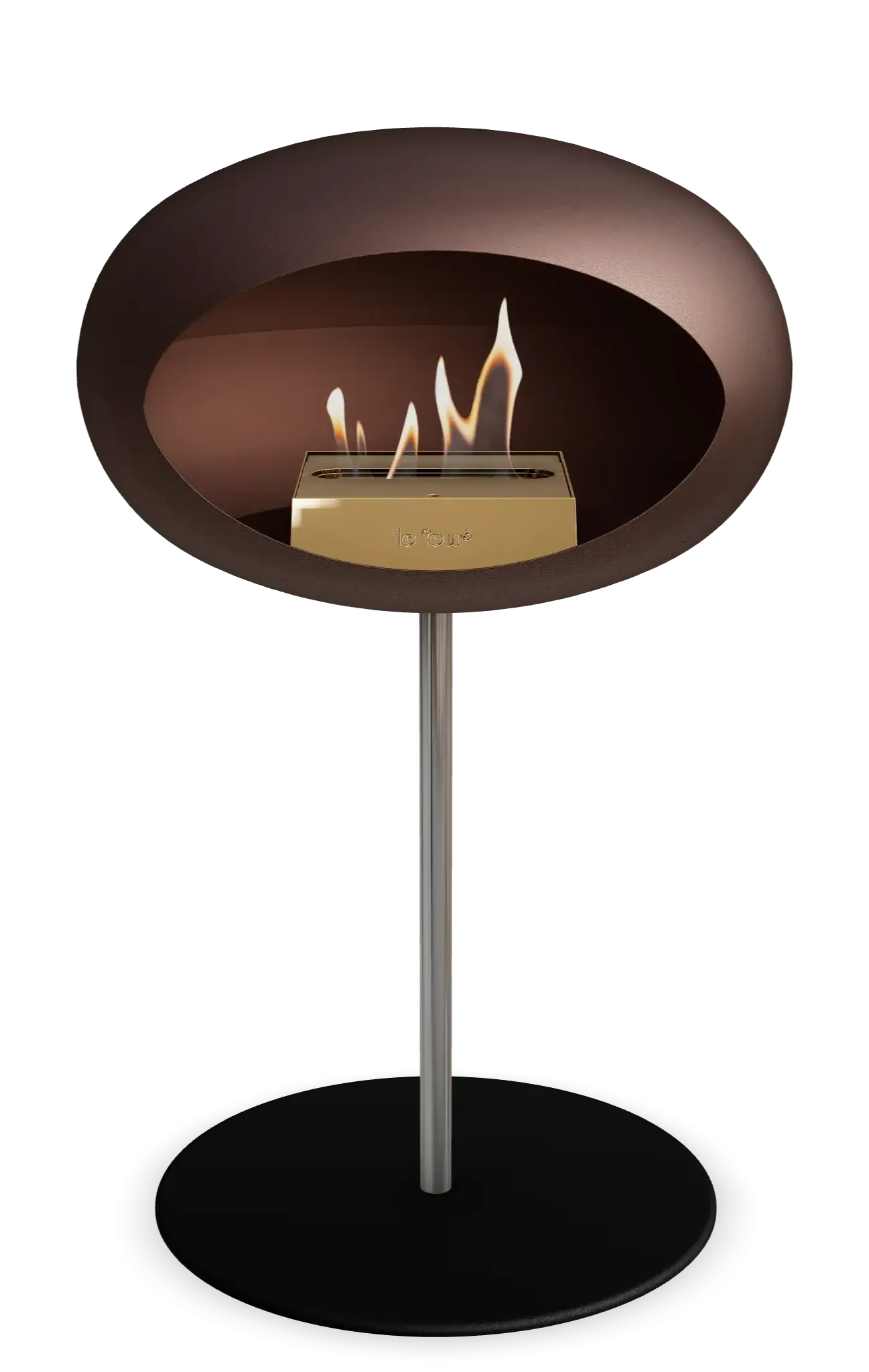 Freestanding bioethanol fireplace Le Feu Dome in mocca with elegant design and flames, perfect for indoor and outdoor spaces.