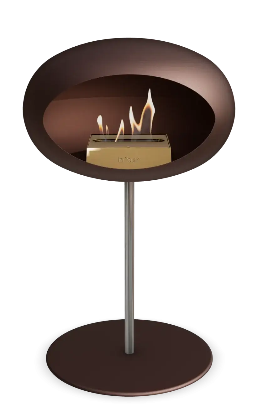 Freestanding bioethanol fireplace Le Feu Dome in mocca with stylish design and eco-friendly features.