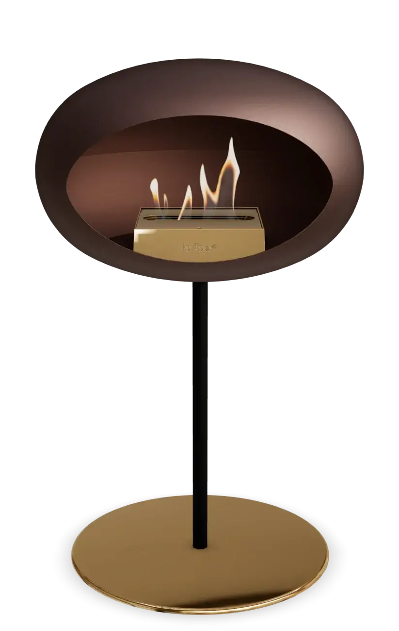 Freestanding bioethanol fireplace Le Feu Dome in mocca, stylish design for indoor and outdoor use.