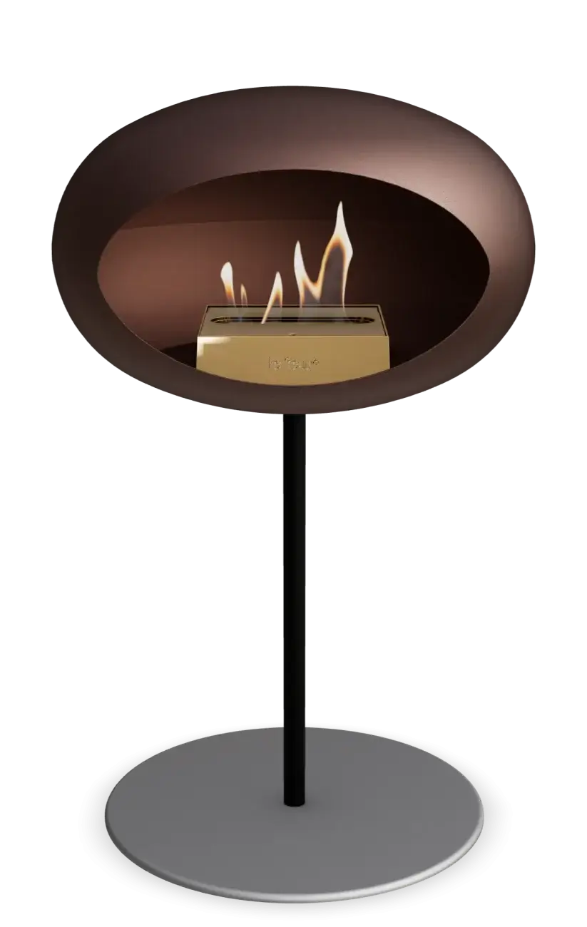 Freestanding bioethanol fireplace Le Feu Dome Ground Low Steel in mocca color, stylish and eco-friendly heating solution.