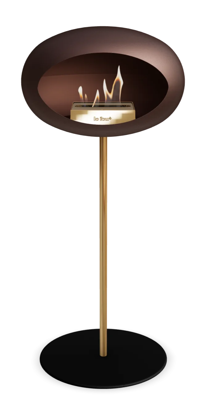 Freestanding Le Feu Dome Bioethanol Fireplace in Mocca with modern design and gold accents.