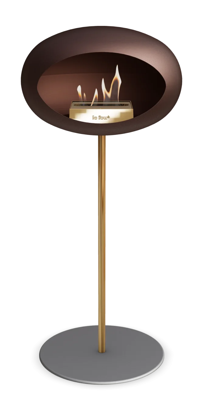 Freestanding Le Feu Dome High Steel Bioethanol Fireplace in Mocca color, featuring modern design and cozy flames.