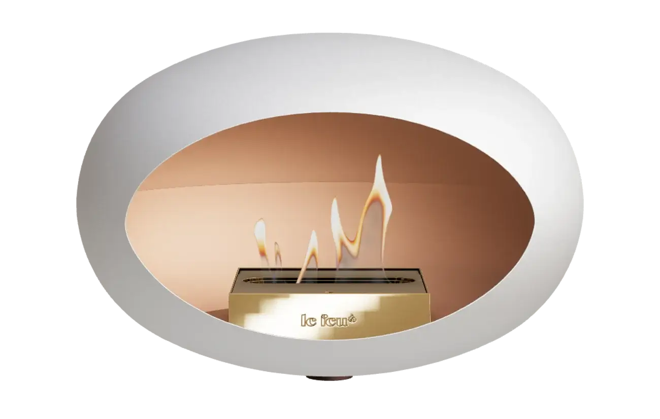 Le Feu Dome Wall Bio Ethanol Fireplace in white, modern design with golden burner and flickering flames.