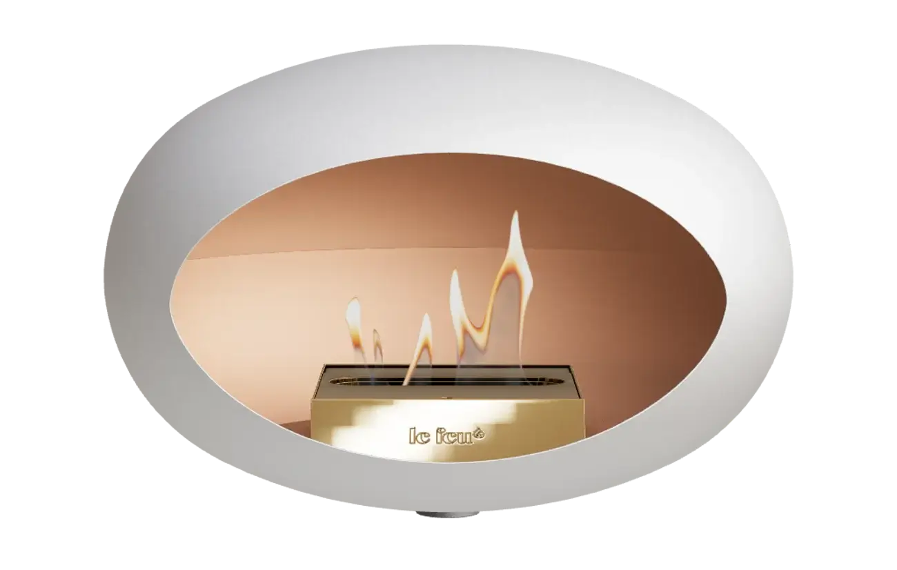Le Feu Dome Wall Bio Ethanol Fireplace in white, wall-mounted design featuring adjustable flames.