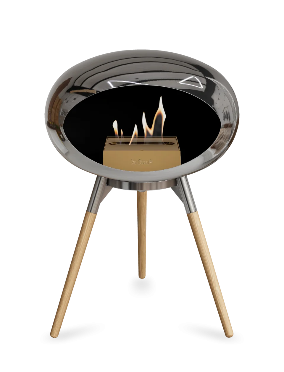 Freestanding Bioethanol Fireplace Le Feu Dome Ground Low in Chromed Silver with stylish design and flame.