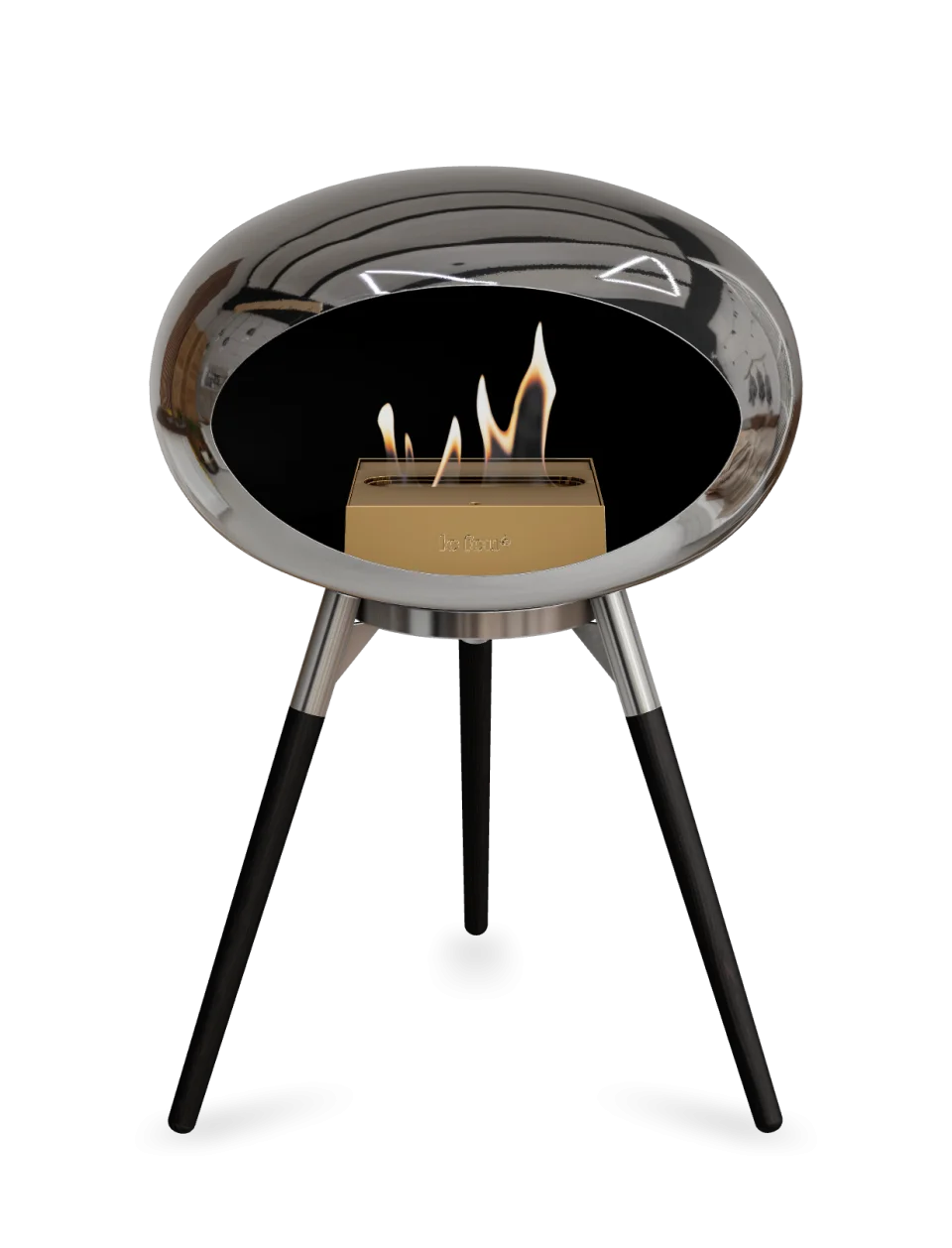 Freestanding Le Feu Dome Ground Low bioethanol fireplace in chromed silver, showcasing stylish portable design and flames.