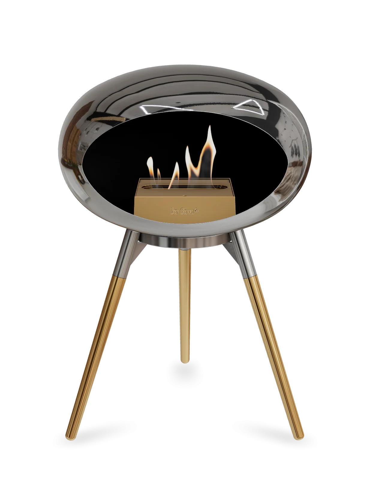 Freestanding Le Feu Dome Ground Low bioethanol fireplace in chromed silver with golden legs, stylish and portable.