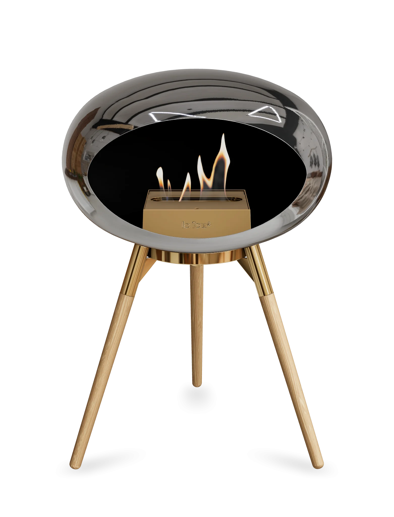 Freestanding Le Feu Dome Ground Low bioethanol fireplace in chromed silver, modern design with flames.