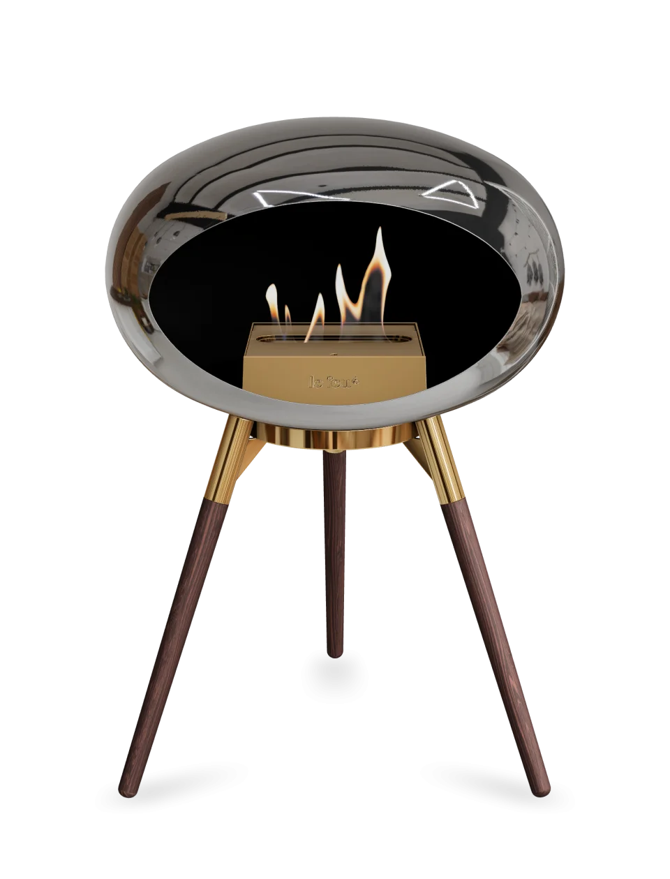Freestanding Le Feu Dome Ground Low bioethanol fireplace with a chrome finish, providing a contemporary heating solution.