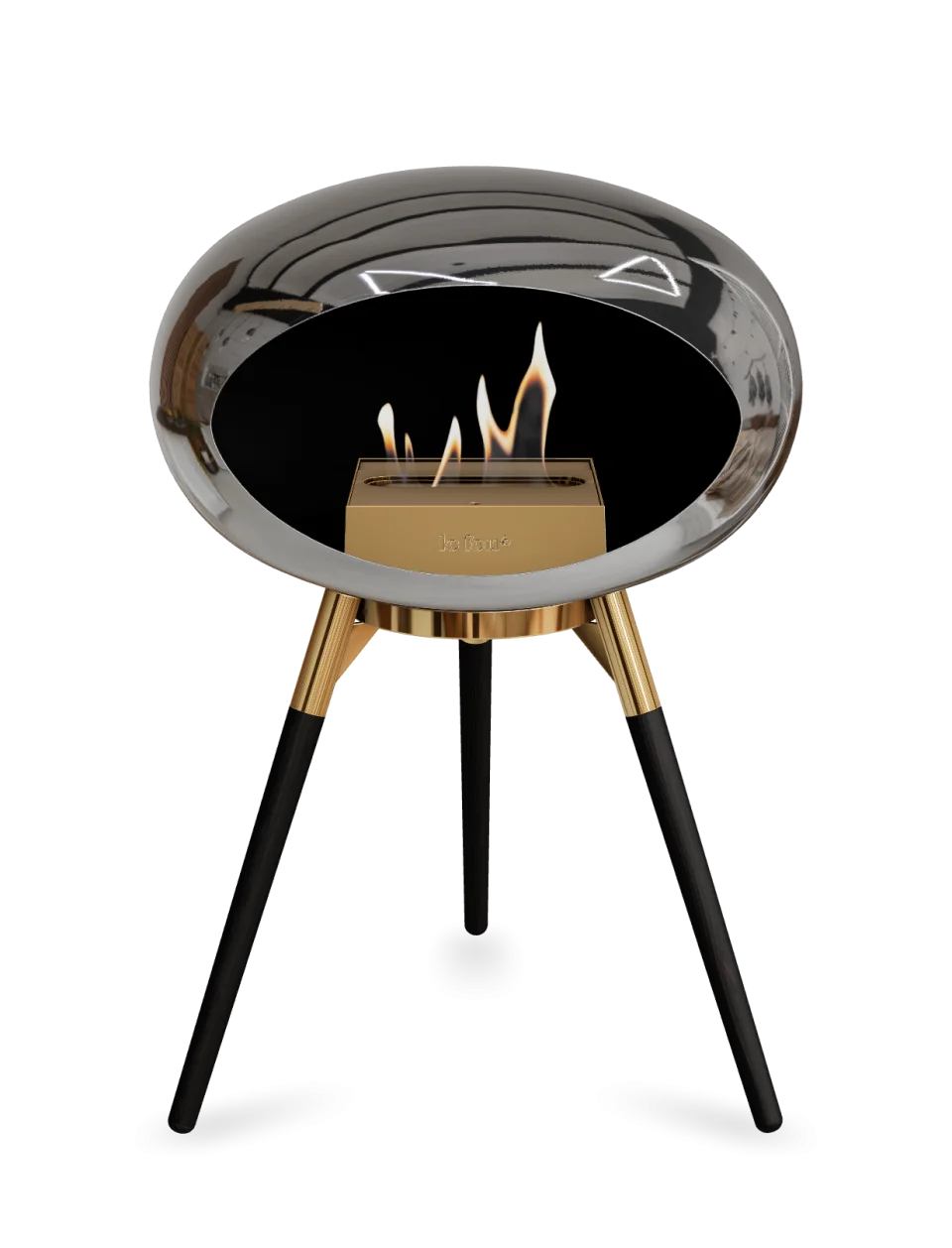 Stylish Le Feu Dome Ground Low bioethanol fireplace in chromed silver with a modern design and portable features.