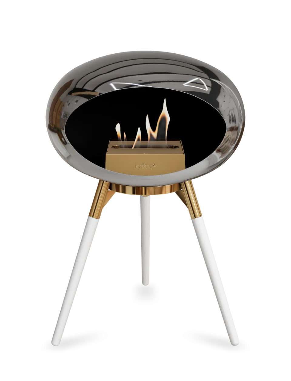 Freestanding Le Feu Dome Ground Low bioethanol fireplace in chrome and gold, providing stylish, eco-friendly warmth.