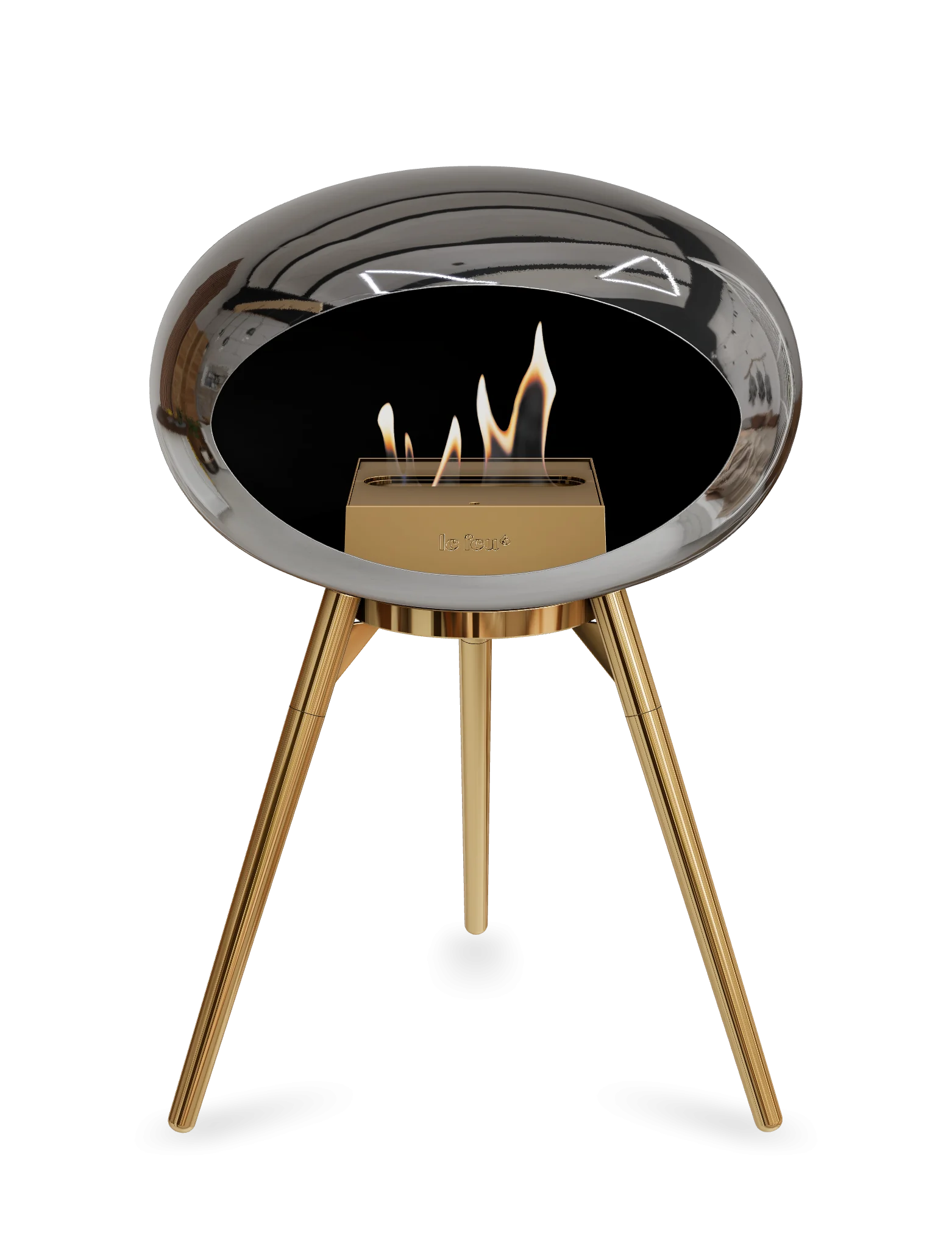 Le Feu Dome Ground Low freestanding bioethanol fireplace in chromed silver, stylish and portable for indoor warmth.