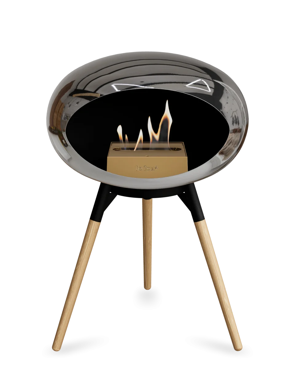 Stylish freestanding Le Feu Dome Ground Low bioethanol fireplace with chrome and wooden legs, providing eco-friendly warmth.