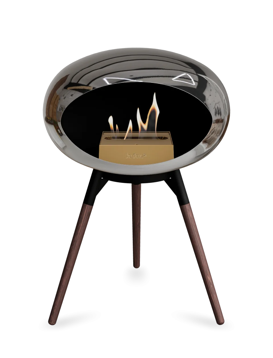 Stylish Le Feu Dome Ground Low bioethanol fireplace with chrome finish and decorative flames.