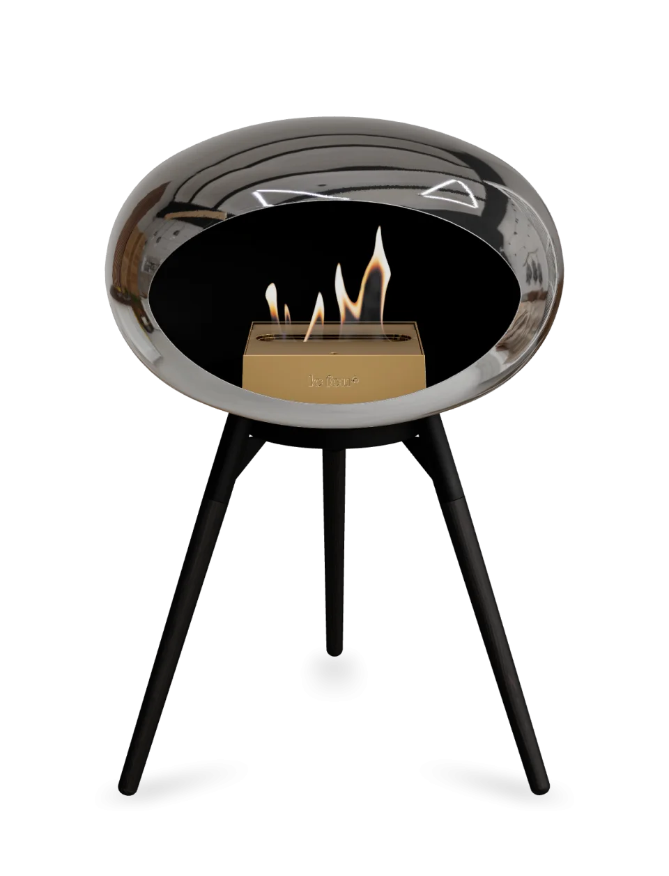 Stylish Le Feu Dome Ground Low bioethanol fireplace with flames, chromed silver design, perfect for contemporary spaces.