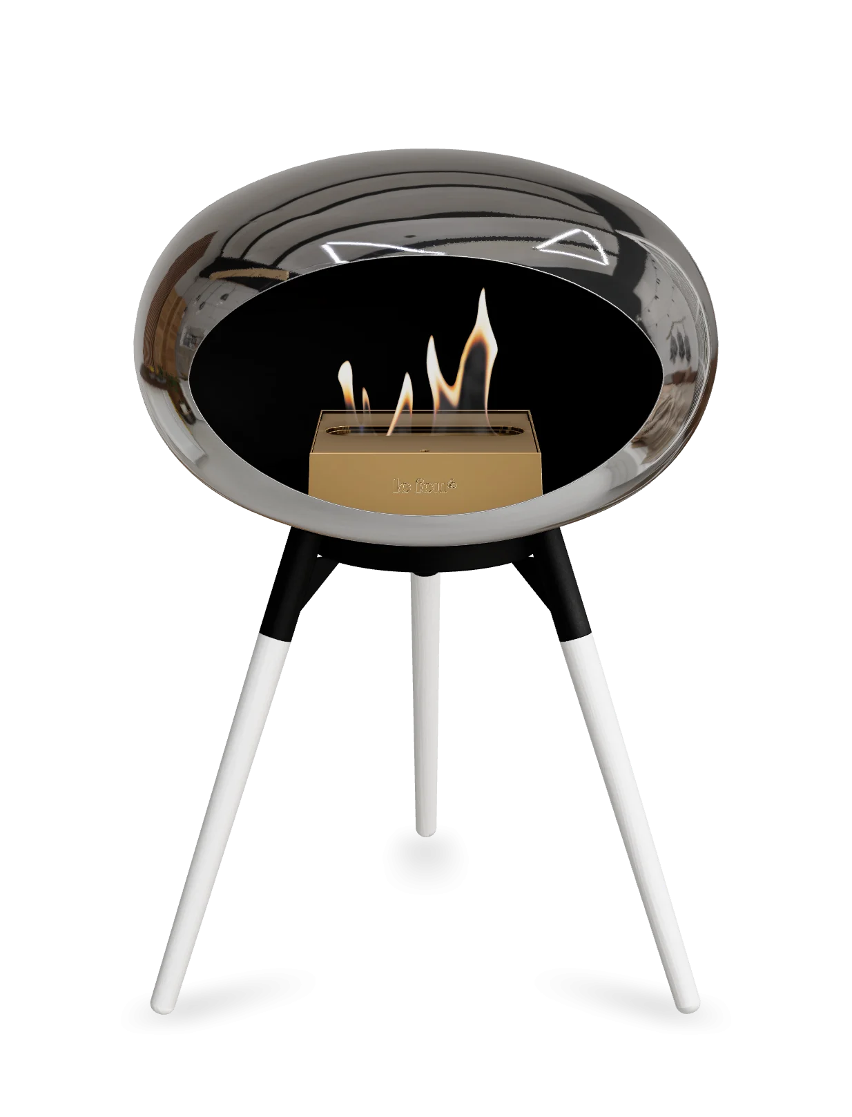 Stylish freestanding Le Feu Dome Ground Low bioethanol fireplace with chromed silver finish and visible flames.