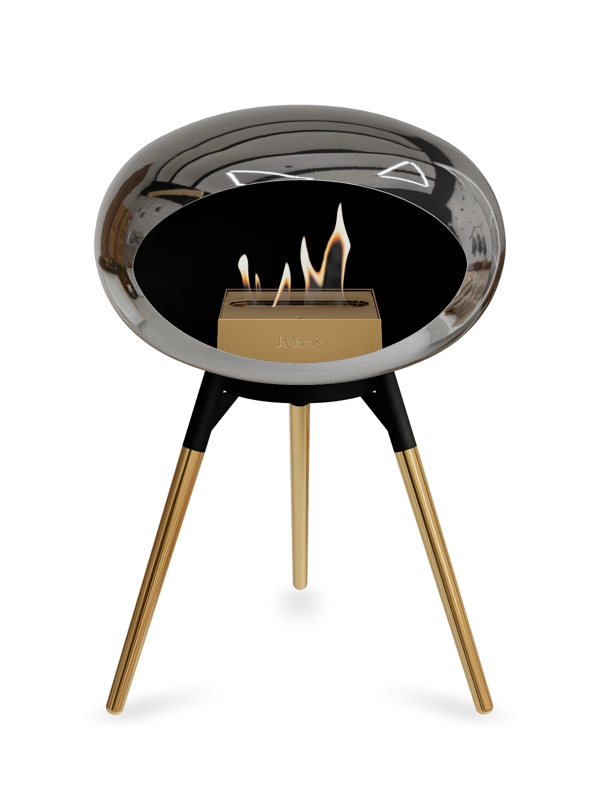 Freestanding bioethanol fireplace Le Feu Dome Ground Low in chromed silver with stylish design and portable features.