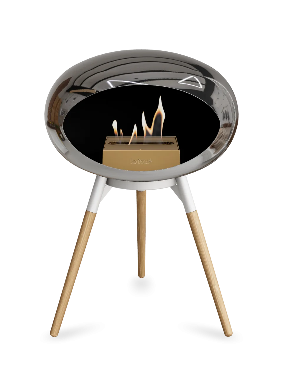 Freestanding Le Feu Dome Ground Low bioethanol fireplace in chromed silver with wood legs, stylish and portable.