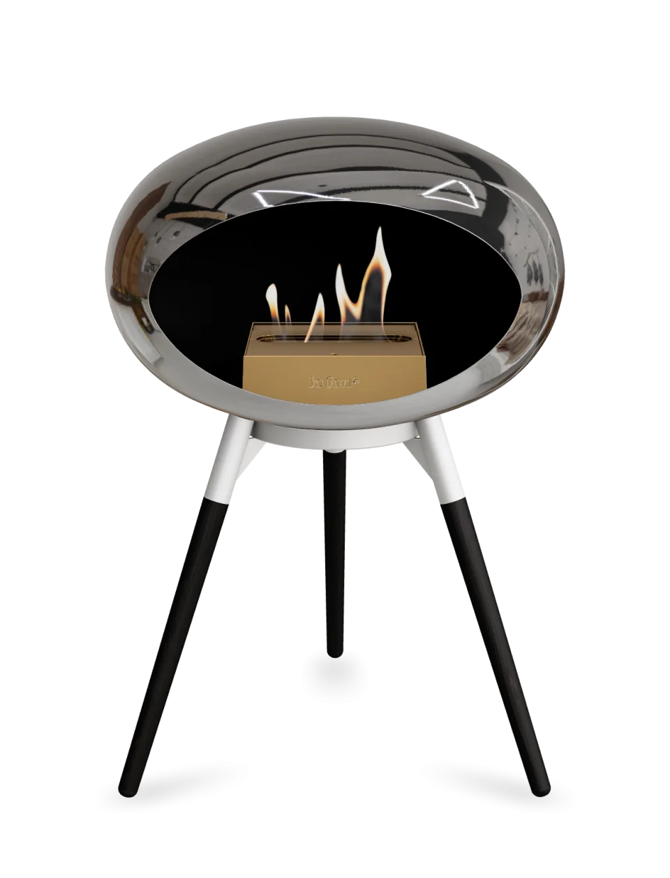Freestanding Le Feu Dome Ground Low bioethanol fireplace with chromed silver finish, modern design, and visible flames.