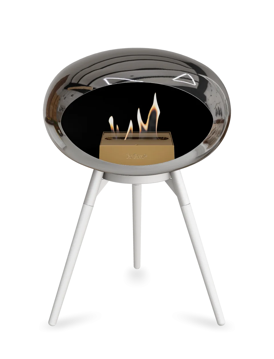 Freestanding low bioethanol fireplace by Le Feu in chrome and white, featuring cozy flames and modern design.