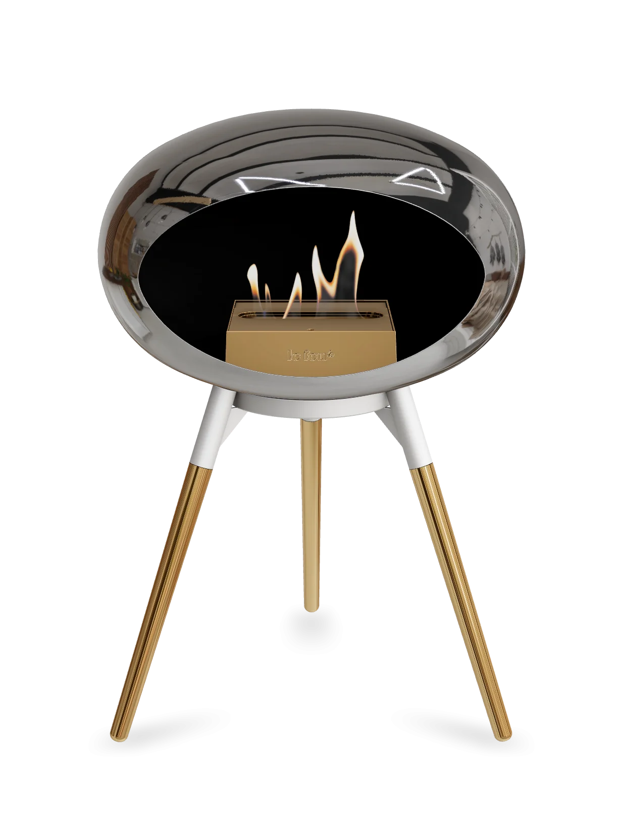 Freestanding bioethanol fireplace Le Feu Dome Ground Low in chromed silver with flames, modern and eco-friendly design.