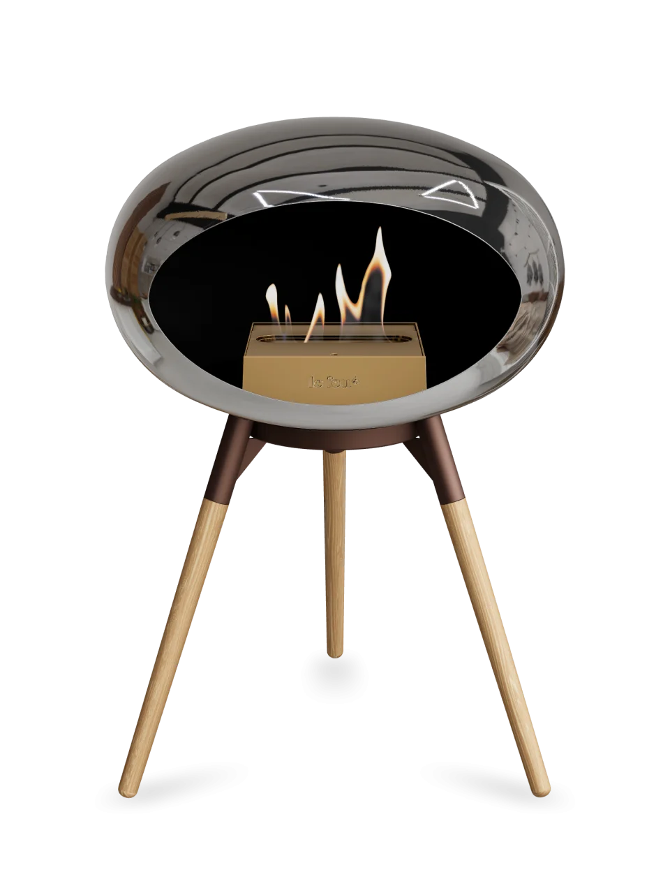 Stylish freestanding bioethanol fireplace Le Feu Dome Ground Low in chromed silver with a wooden base.