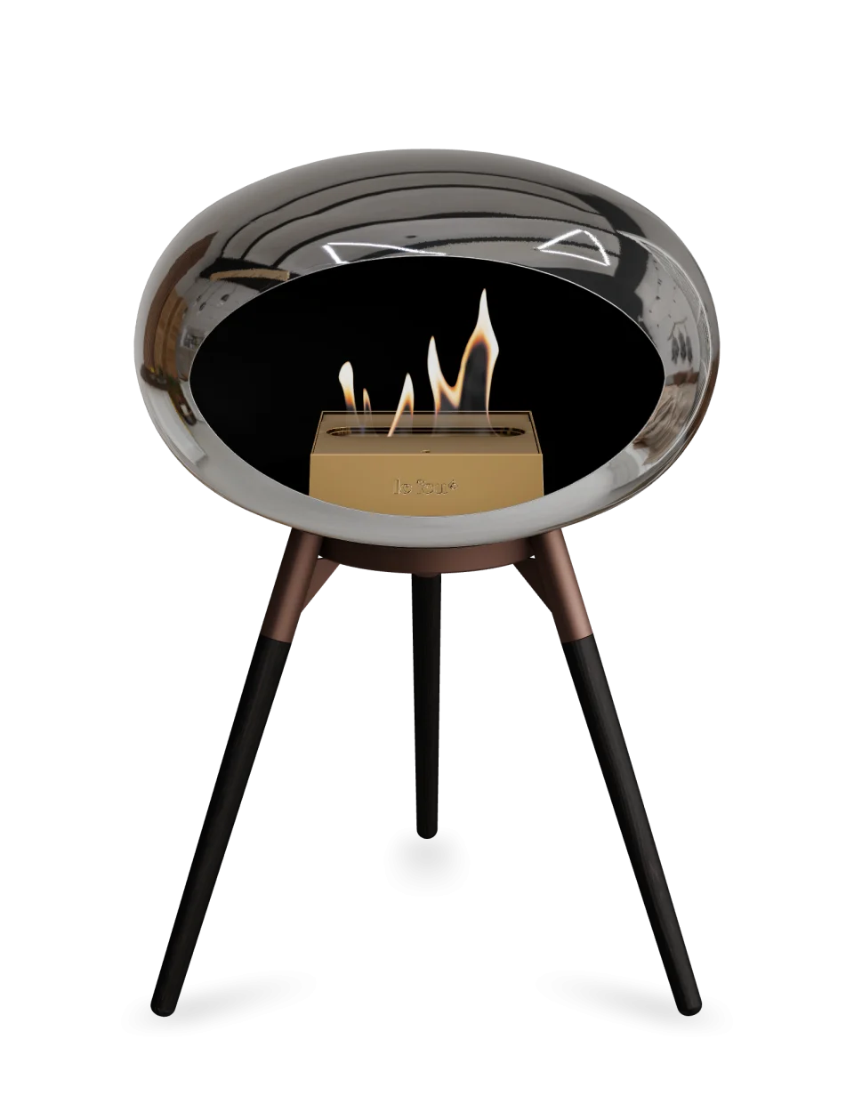 Le Feu Dome Ground Low bioethanol fireplace in chromed silver, a stylish and portable heating solution.