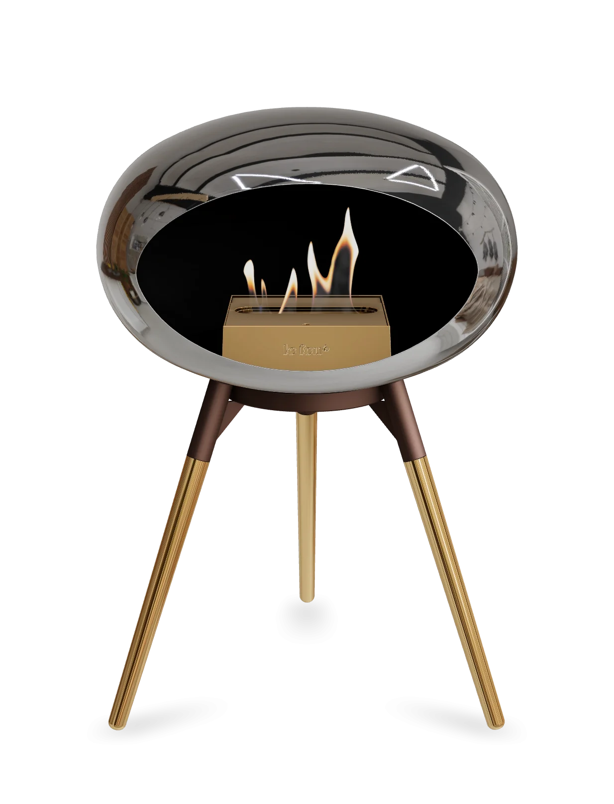 Le Feu Dome Ground Low freestanding bioethanol fireplace in chromed silver, stylish and portable for modern spaces.