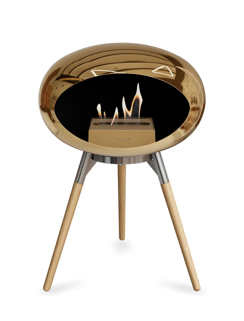 Freestanding bioethanol fireplace Le Feu Dome Ground Low in chromed rose gold, stylish and portable with eco-friendly design.