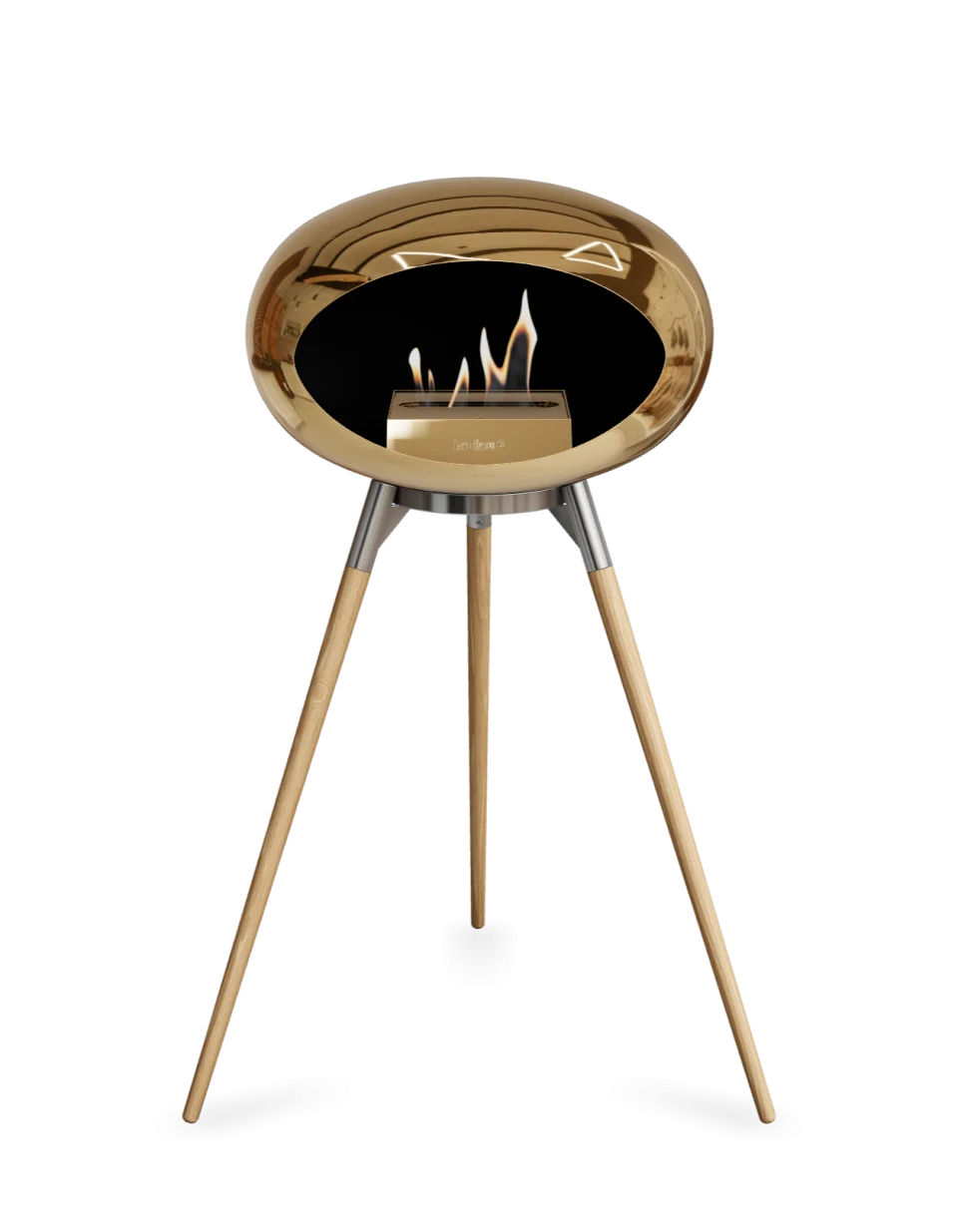 Stylish Le Feu Dome Ground High Bioethanol Fireplace with chrome and wood legs, perfect for modern interiors.