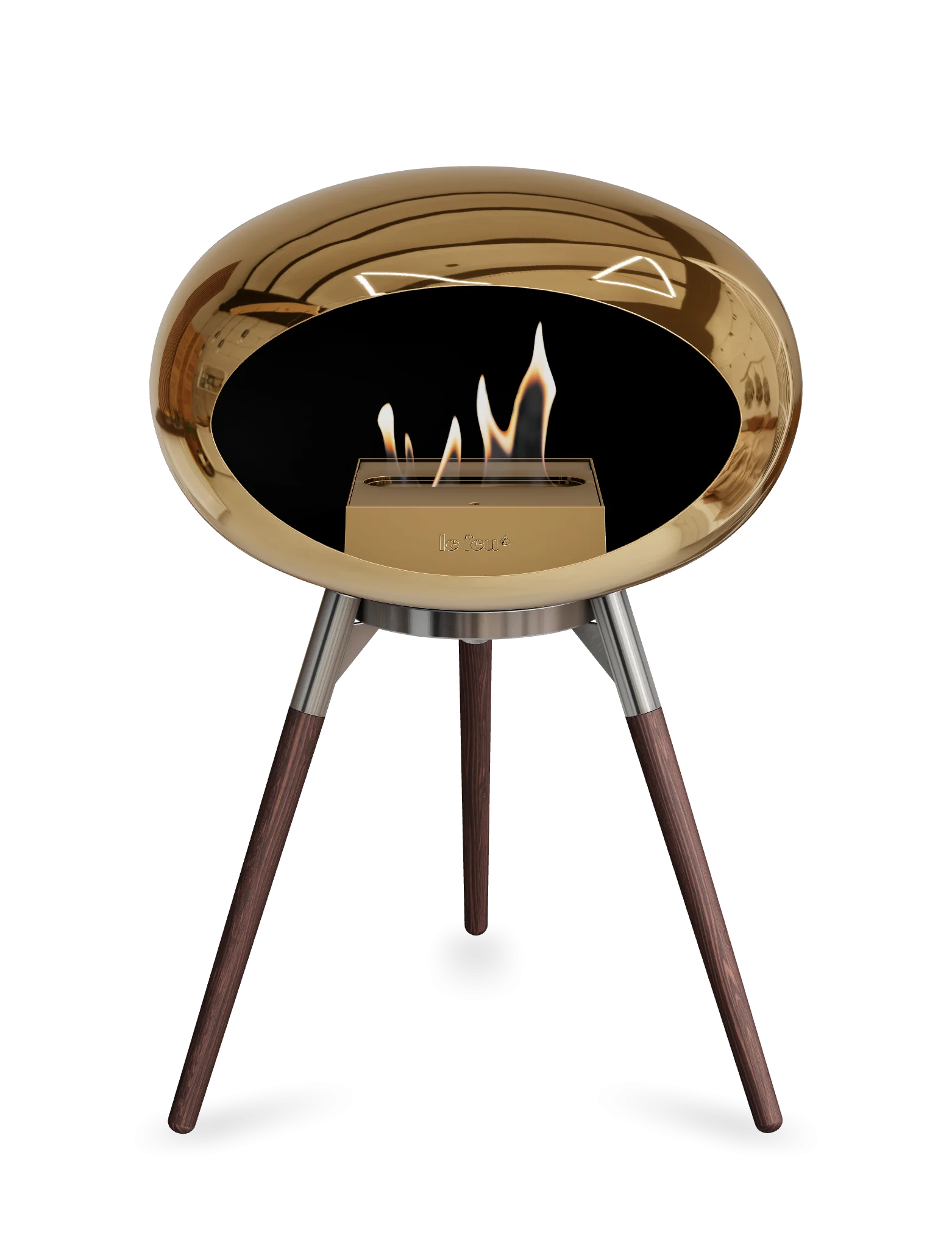 Freestanding Le Feu Dome Ground Low bioethanol fireplace in chromed rose gold with stylish design and portable function.