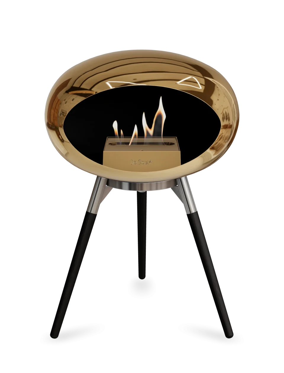 Stylish Le Feu Dome Ground Low bioethanol fireplace in chromed rose gold, featuring a modern design and portable warmth.