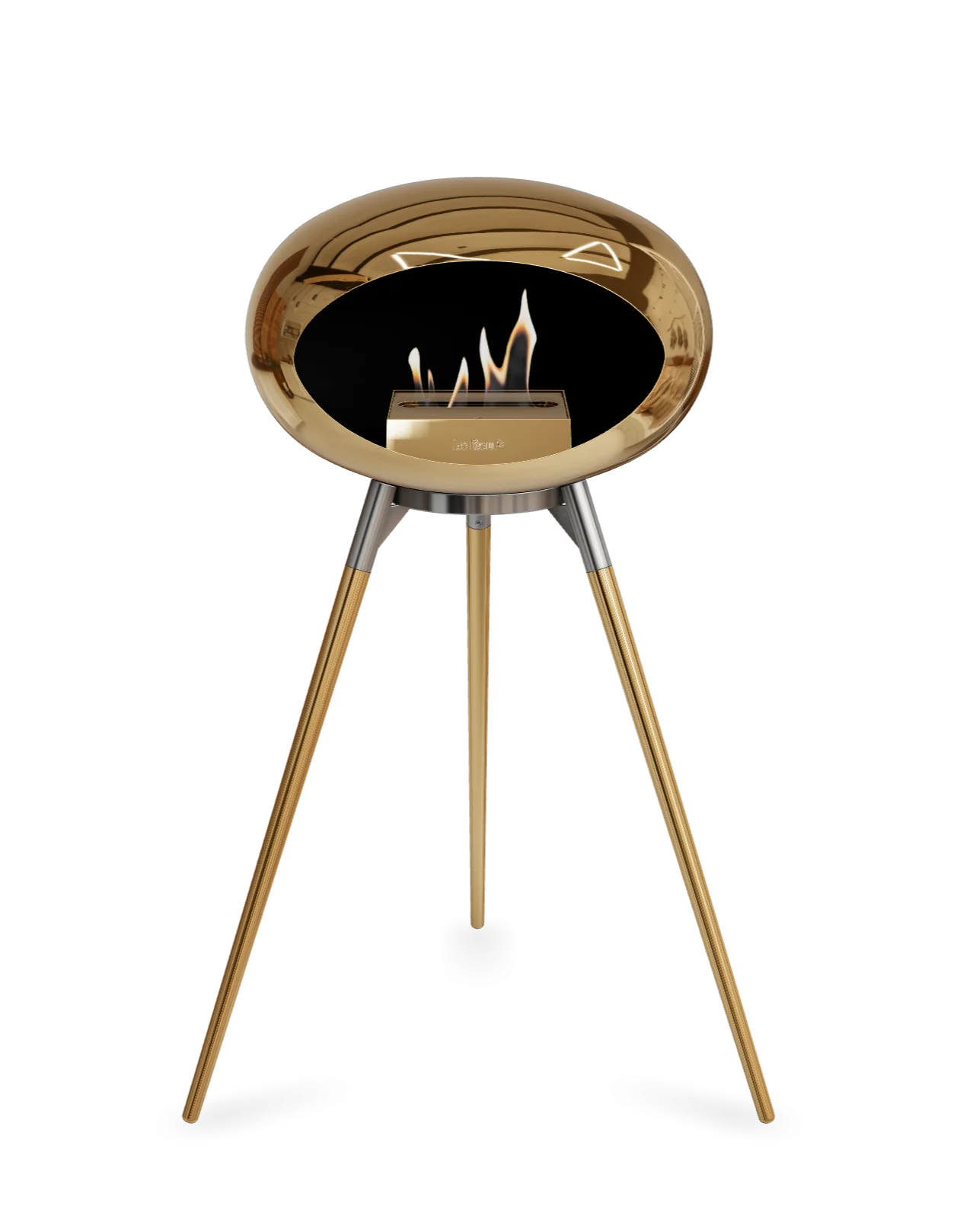 Stylish freestanding bioethanol fireplace Le Feu Dome Ground High with chromed rose finish and wooden legs.