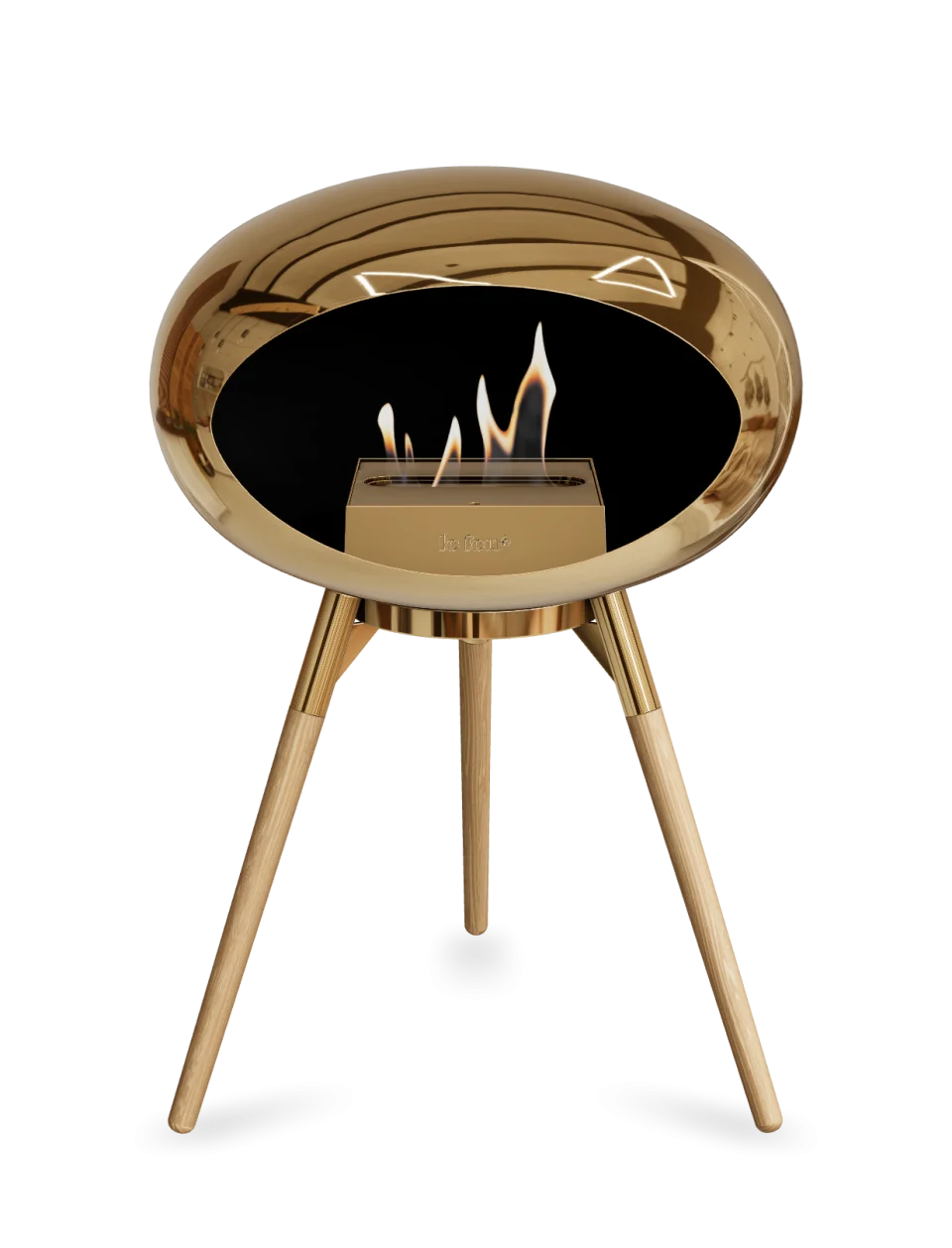Freestanding Le Feu Dome Ground Low bioethanol fireplace in chromed rose gold, stylish and portable for modern living spaces.