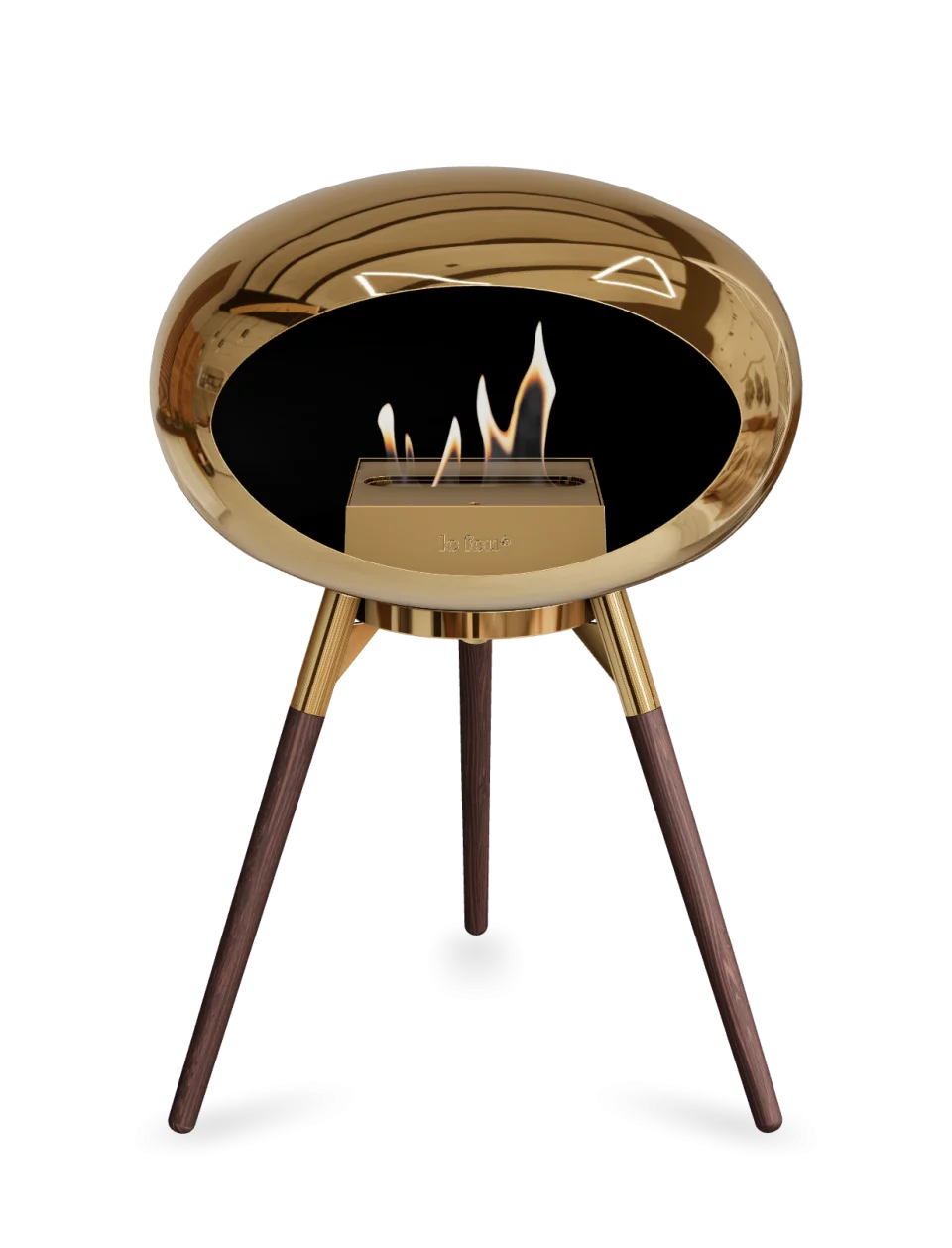 Stylish Le Feu Dome Ground Low bioethanol fireplace in chromed rose gold with wooden legs, providing warmth and ambiance.