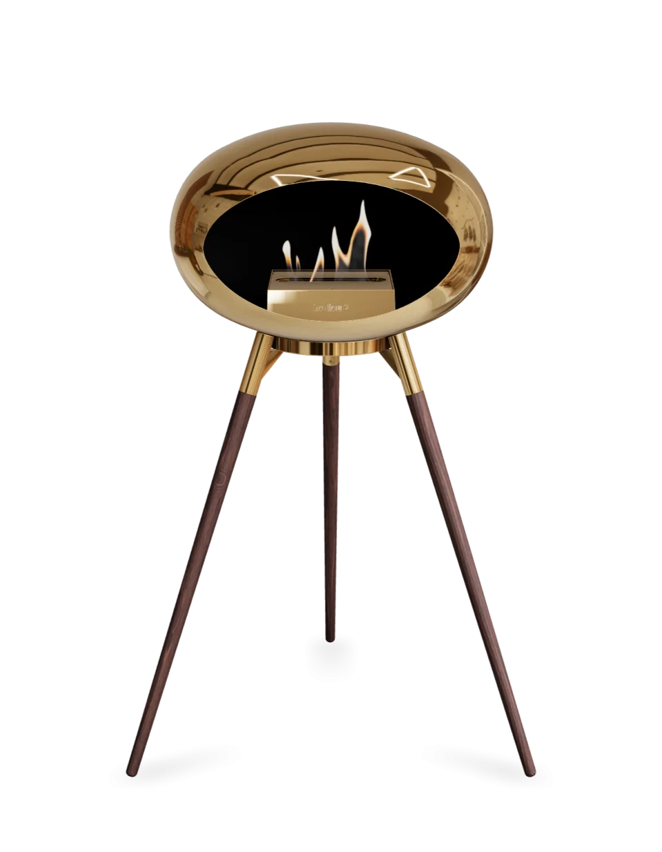 Freestanding Le Feu Dome Ground High bioethanol fireplace with chromed rose finish and wooden legs.