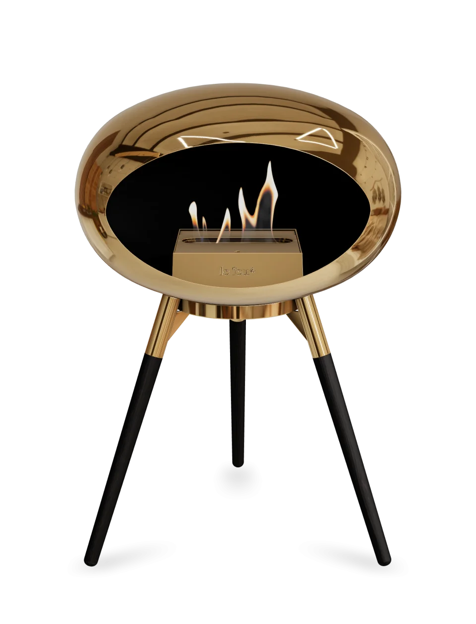 Freestanding Le Feu Dome Ground Low bioethanol fireplace in chromed rose gold, stylish and portable heating solution.