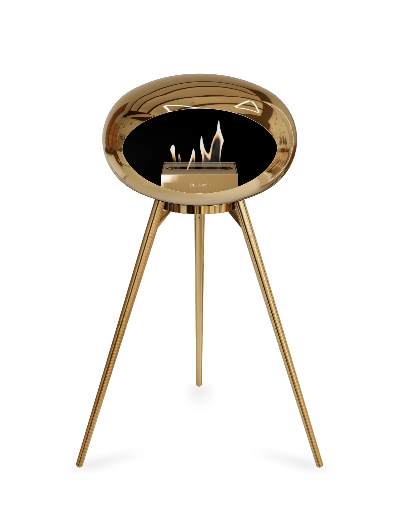 Freestanding Le Feu Dome Ground High bioethanol fireplace with chromed rose finish.