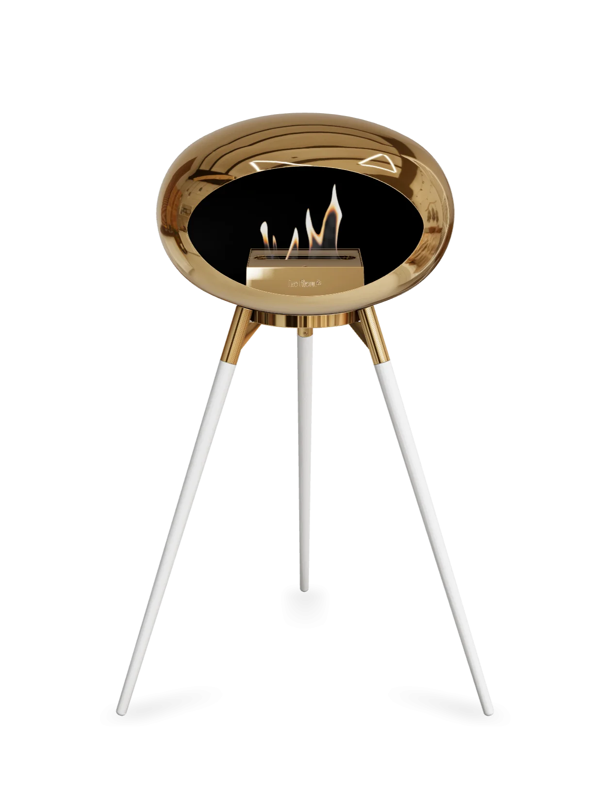 Freestanding bioethanol fireplace Le Feu Dome High in chromed rose with flames, stylish and portable.