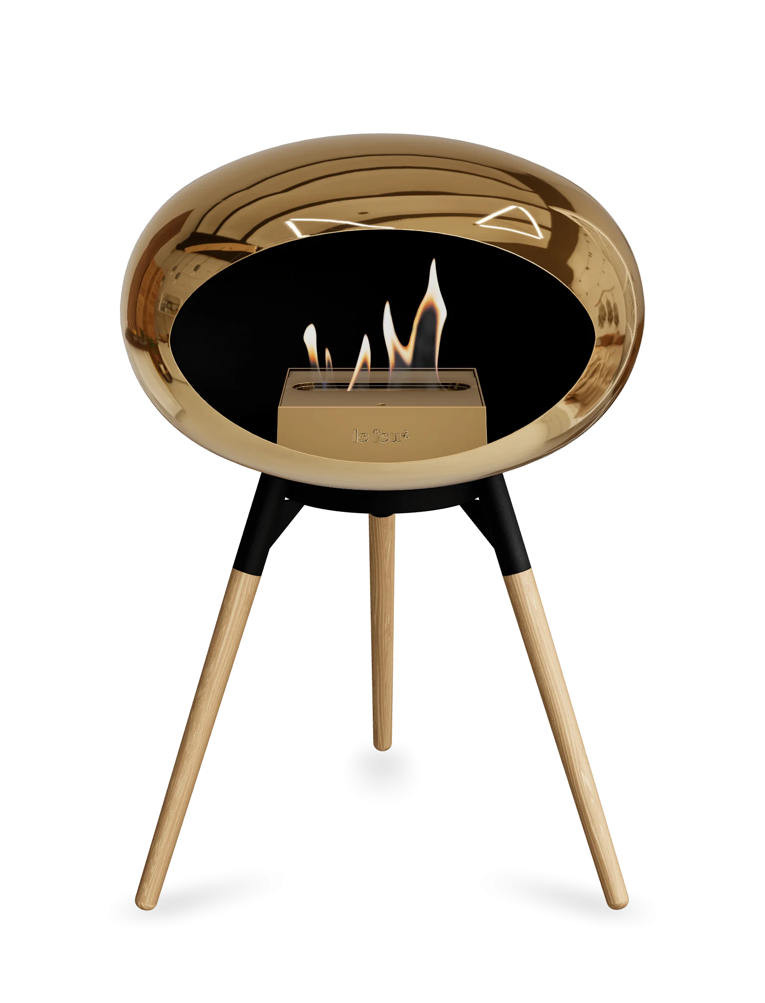 Freestanding Le Feu Dome Ground Low bioethanol fireplace in chromed rose gold finish, stylish and portable heating solution.