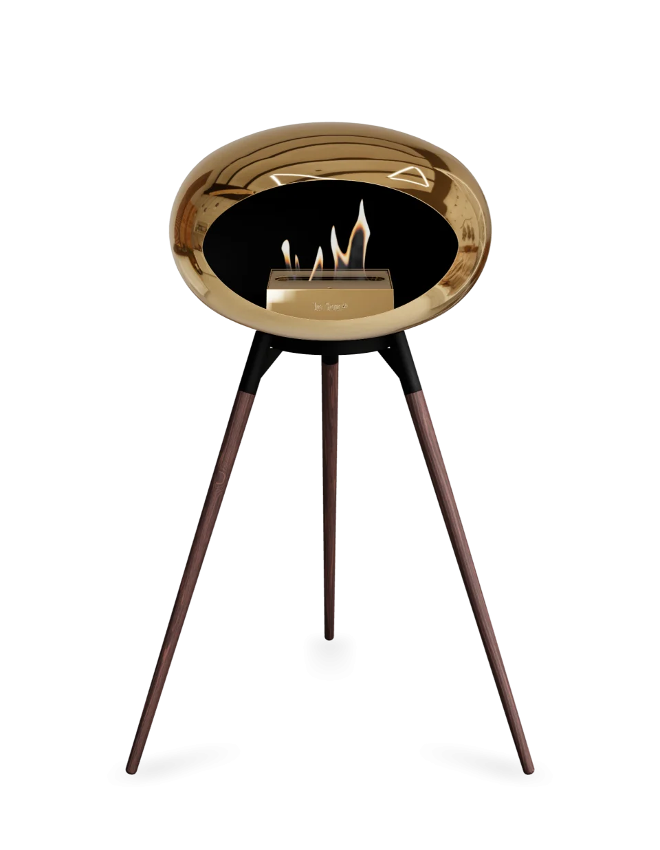 Freestanding bioethanol fireplace Le Feu Dome High with chromed rose design and wooden tripod legs.