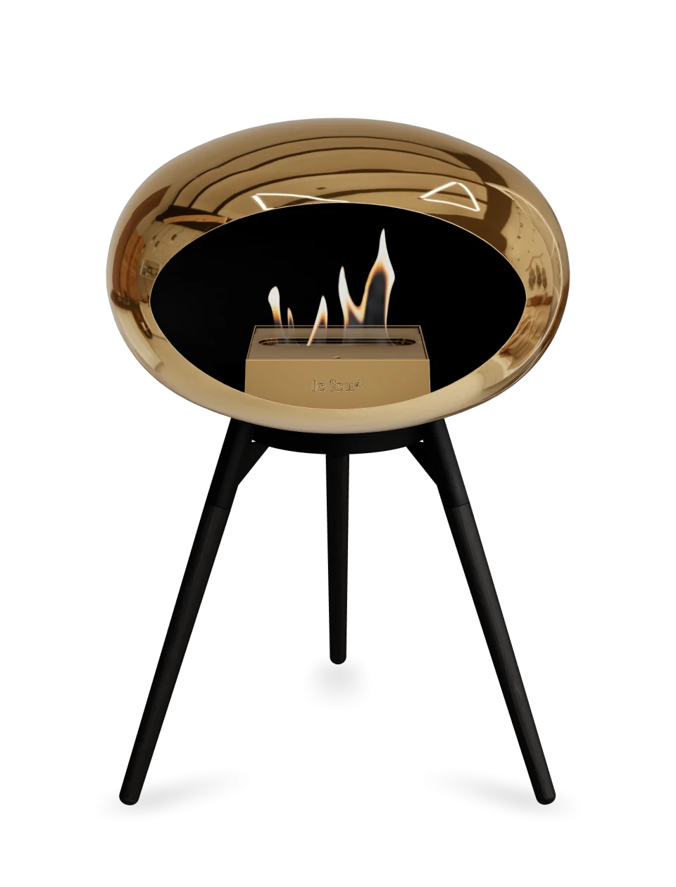 Le Feu Dome Ground Low bioethanol fireplace in chromed rose gold with flames, portable and stylish heating solution.