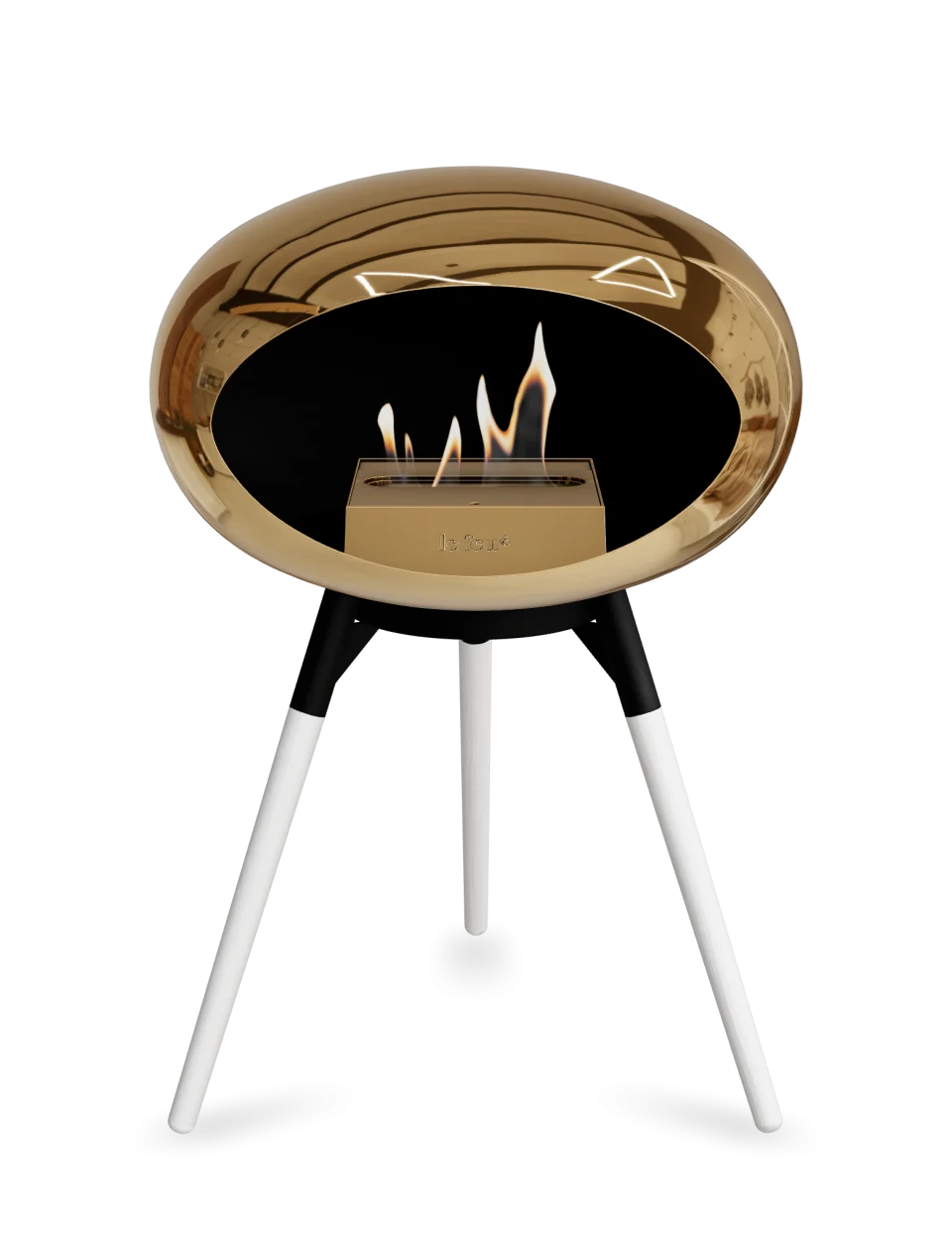 Freestanding bioethanol fireplace in chromed rose gold with a sleek design and visible flames.