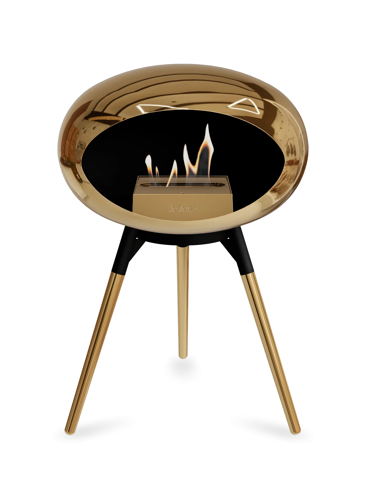 Freestanding bioethanol fireplace by Le Feu in chromed rose gold with flames, stylish and portable heating solution.