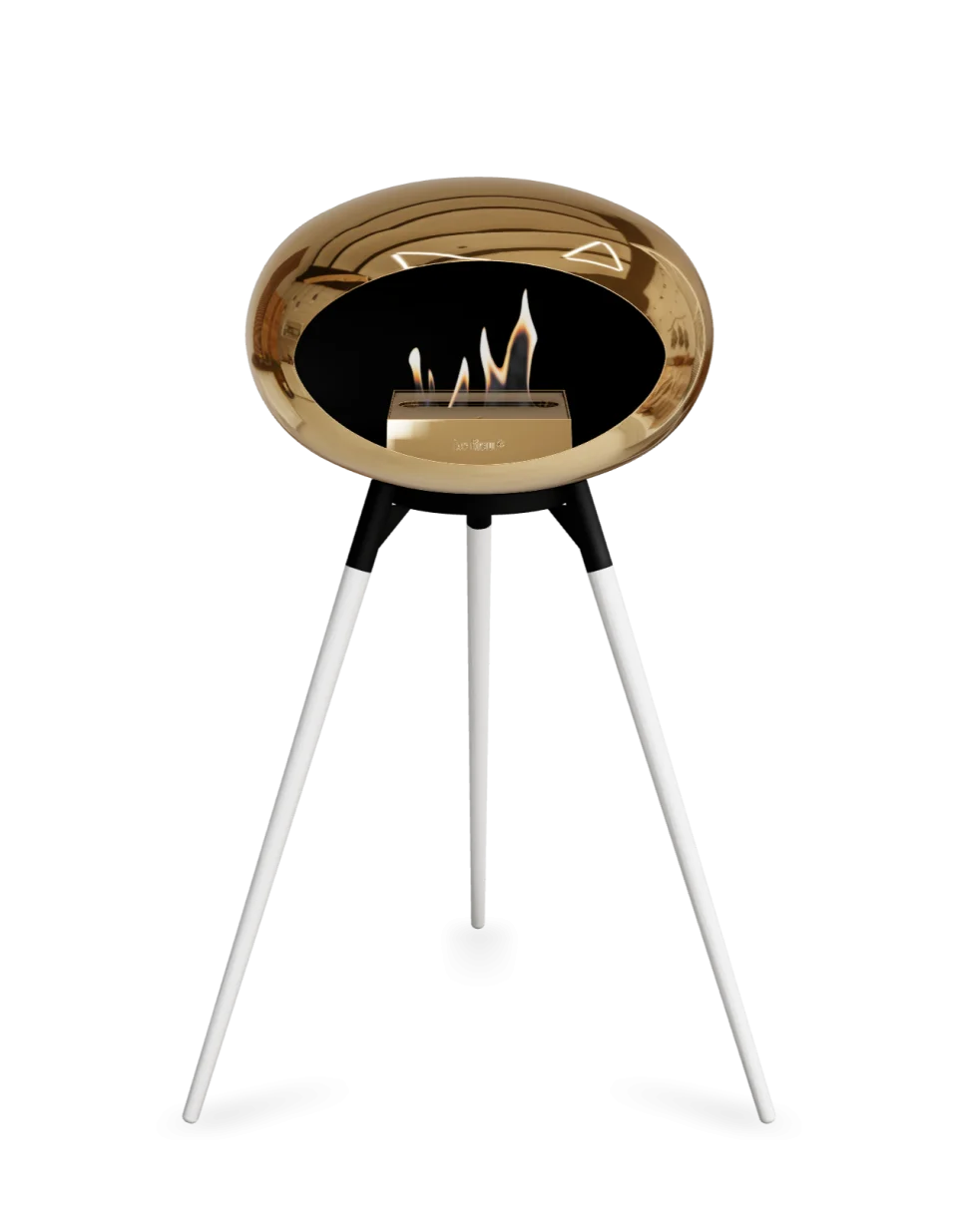 Le Feu Dome Ground High bioethanol fireplace with gold finish and white legs, providing stylish warmth for any space.