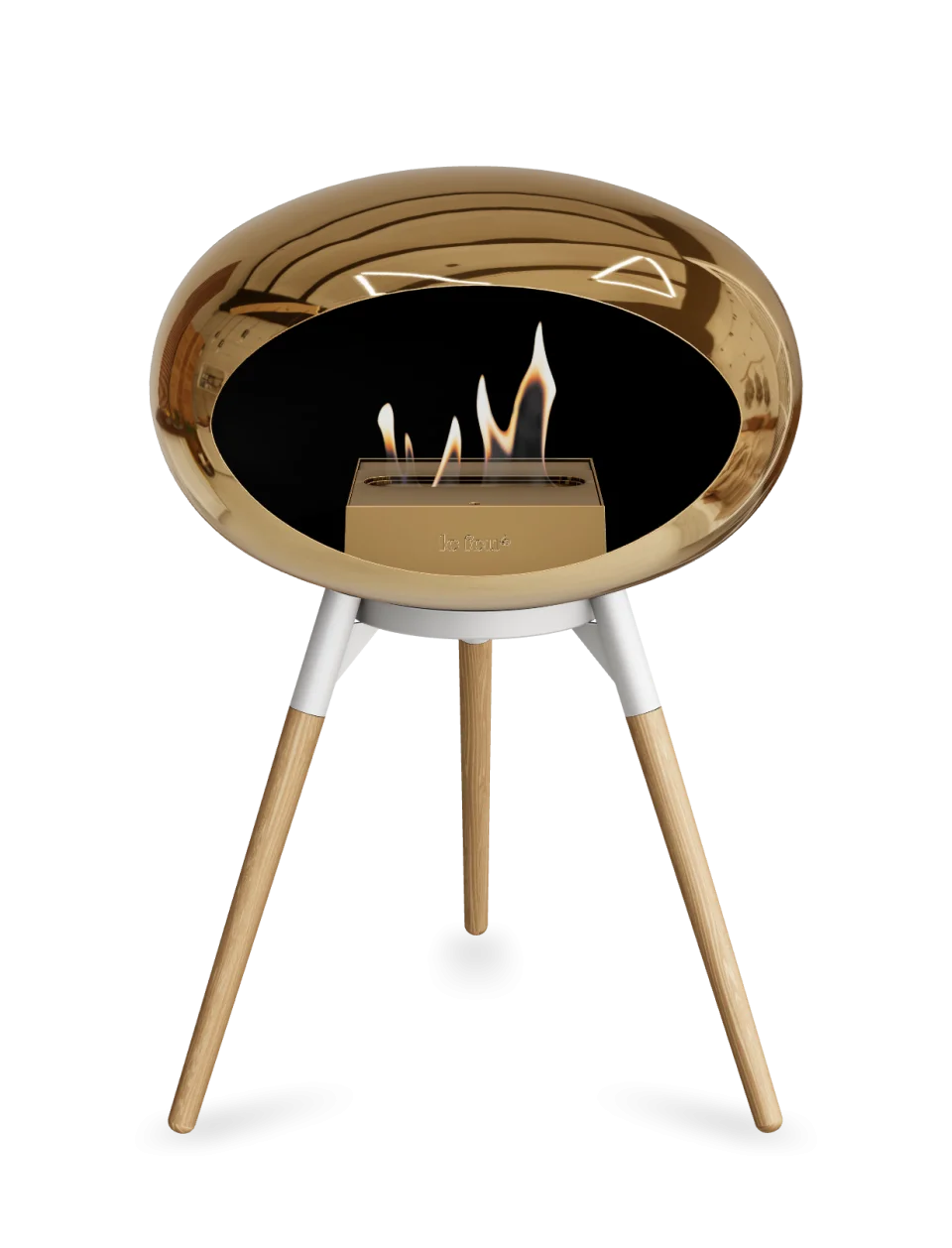 Le Feu Dome Ground Low Bioethanol Fireplace in Chromed Rose Gold with flames, stylish and portable design for any space.