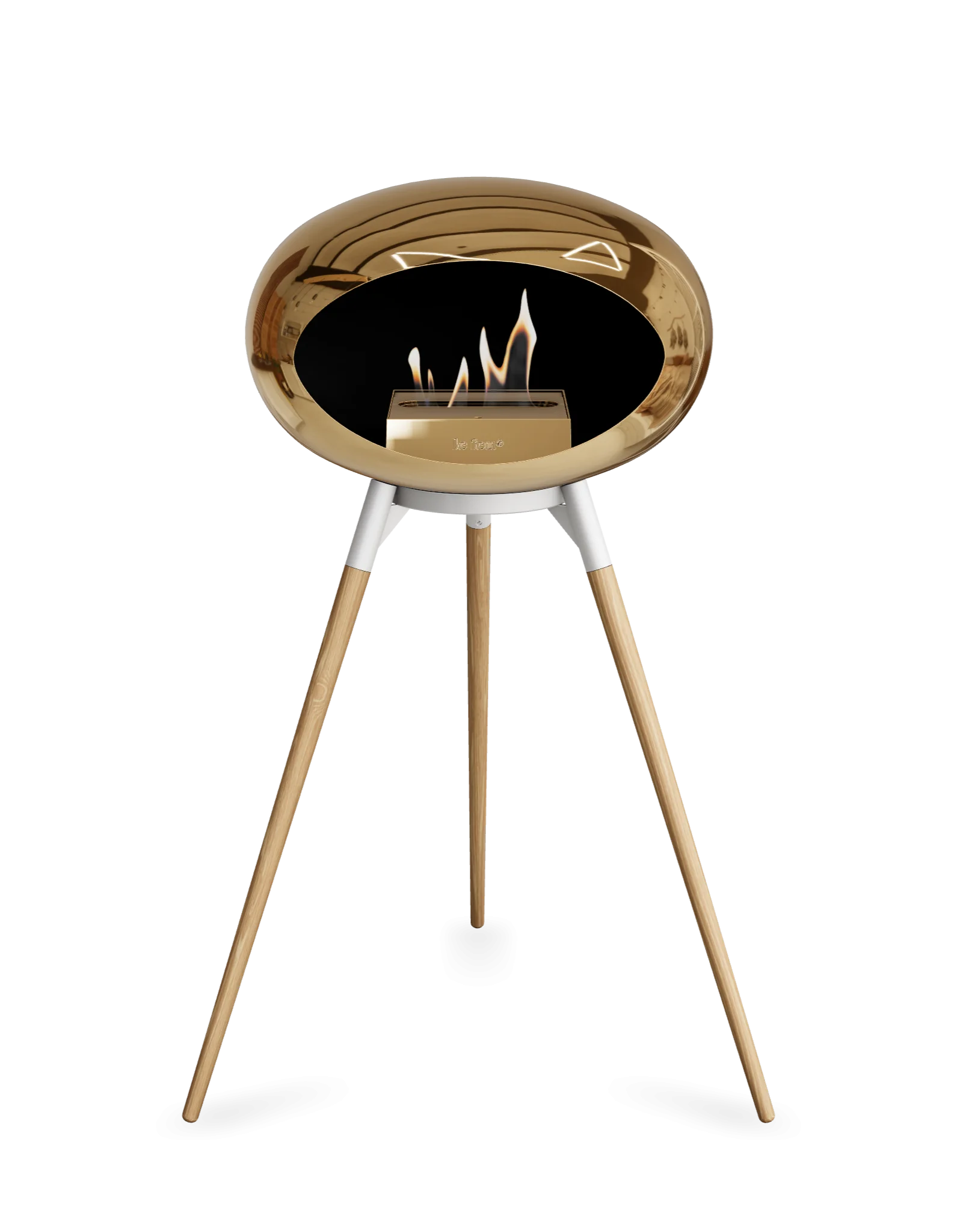 Freestanding Le Feu Dome Ground High bioethanol fireplace in chrome and rose, stylish and portable for any space.